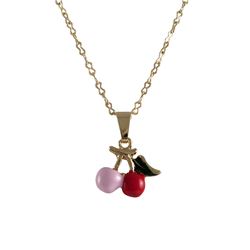 Pink & Red Enamel Cherry Gold Plated Brass Necklace 17"
