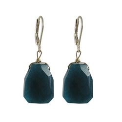 Teal Semi Precious Stone On Gold Tone Sterling Silver Lever Back Earrings -1.54"
