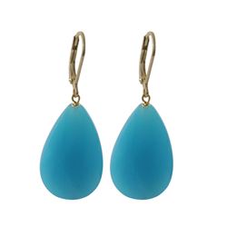 Blue Chalcedony Semi Precious Stone On Gold Tone Sterling Silver Lever Back Earrings -1.87" (Approxi
