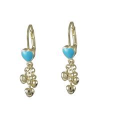 Turquoise Enamel Heart On Gold Brass Wire Earrings 3 Small Gold Hearts Dangling 31Mm