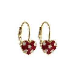 Red Enamel Heart With White Dots-Gold Tone Brass Lever Back Earrings- 0.59