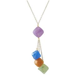 Light Multi Color Combination Semi Precious Stones Lariat Style Necklace, Gold Plated Brass Chain, 1