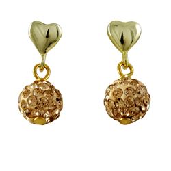 Sterling Silver Gold Heart With Crystal Ball Earrings