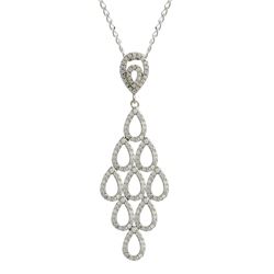 Rhodium Plated Sterling Silver, Teardrop Cluster In Diamond Shape CZ Pendant, 53Mm Long