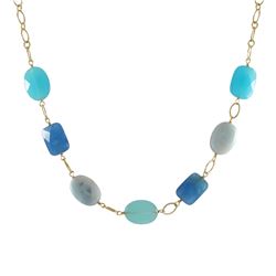 Blue Quartz And Aqua Combination Semi Precious Stones On Gold Plated Brass Chain, 18" 2"