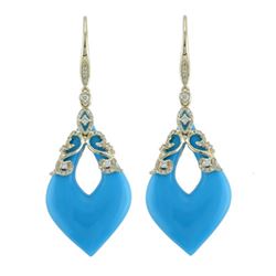 Vintage Turquoise W/ Diamonds Drop Earring In 14K Yellow Gold | 421091