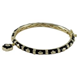 Black Enamel Flowers With Flower Charm Gold Tone Brass Bangle