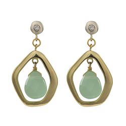 Green Chalcedony Semi Precious Teardrop Stone In Gold Plated Sterling Silver Open Pentagon Shape CZ 