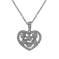 Silver Tone Brass, Open Heart With Flowers, Crystal Pendant On Chain Necklace- 16" 3"