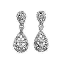 Rhodium Plated Sterling Silver Lacy Teardrop With White CZ Post Earrings, 0.94