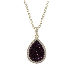 Gold Plated Sterling Silver, 13.5X17.5Mm Teardrop, Wine Druzy Natural Stone With CZ Border, Pendant,