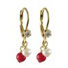 Image 1 : Red 4Mm Ball And White 4Mm Pearl On Gold Tone Brass Lever Back With Crytal Earrings