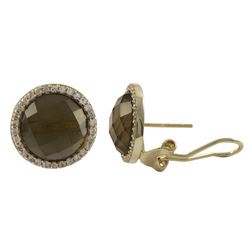 Smoky Quartz Semi Precious Faceted Stone, Set In Gold Tone Sterling Silver With CZ Border, 15Mm Roun
