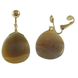 Natural Semi Precious Stone On Gold Tone Brass Clip On Earrings- 1.5"