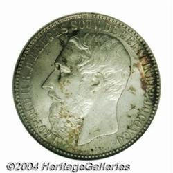 Leopold II 5 francs 1887, Bust left/Arms,