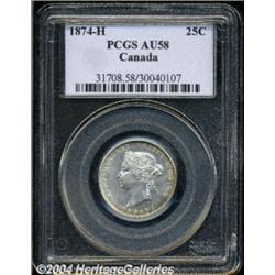 Victoria 25 cent 1874H, KM5, AU58 PCGS.