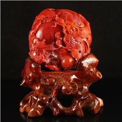Superb Chinese Nanhong Agate Statue - Carp & Dragon Door w Certificate