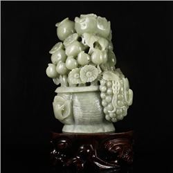 Superb Chinese Natural Hetian Jade Flower Basket Statue , Peach & Grape