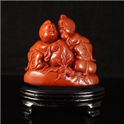 Chinese Shoushan Stone Statue - Kids & Peach