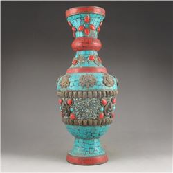 Chinese Tibet Bronze Inlay Turquoise Vase