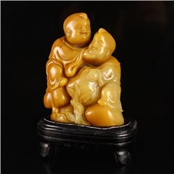Hand Carved Chinese Natural Shoushan Stone Statue w Fortune Kids & Peach