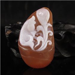 Chinese Natural Nanhong Agate Pendant - Carp & Lotus