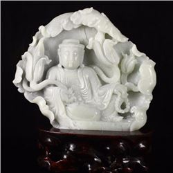 Chinese Hetian Jade Statue w Lotus Kwan-yin