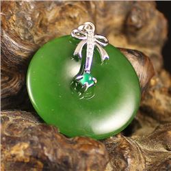Chinese 925 Silver Inlay Green Hetian Jade Pendant