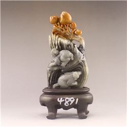 Superb Chinese Shoushan Stone Statue - Monkey & Peaches