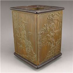 Vintage Chinese Bamboo Root Brush Pot Carved Characters Mountains Rivers Scene
