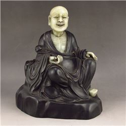 Chinese Ebony Wood Inlay Shoushan Stone Buddha Statue