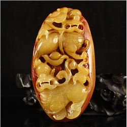 Chinese Huanglong Jade Pendant - Two Lions