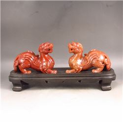A Pair Superb Hand Carved Chinese Natural Shoushan Stone Statue - Fortune Beasts