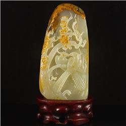 Chinese Huang Long Jade Statue - Magpie & Plum Flower