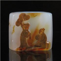 Chinese Natural Agate Ring Low Relief Lotus Kids