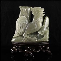 Chinese Natural Hetian Jade Statue w Rooster & Lotus
