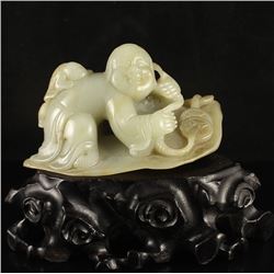 Chinese Hetian Jade Statue - Liuhai Taolism Deity & Toad
