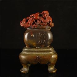 Chinese Shoushan Stone Statue w Dragon & Ball
