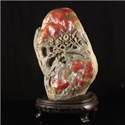 Genuine Chinese Chicken Blood Stone Statue Carved Flower w Certificate