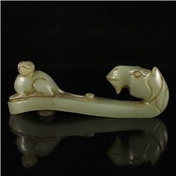 Vintage Chinese Hetian Jade Monkey & Horse Head Belt Buckle