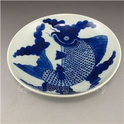 Chinese Blue And White Porcelain Plate w Fish
