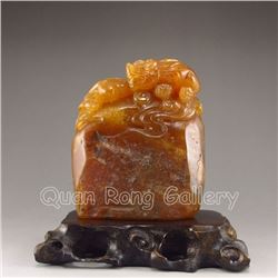 Chinese Shoushan Stone Statue w Lucky Chi Dragon