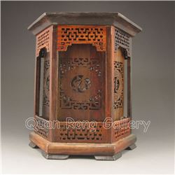 Hollow Out Carved Chinese Hua Li Wood Six Side Brush Pot