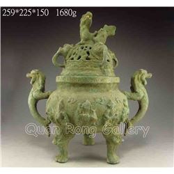 Chinese Bronze 3 Legs Incense Burner Carved Lucky Foo Dog