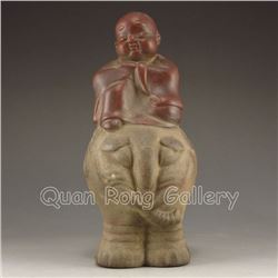 Chinese Yixing Zisha Statue - Fortune Kid & Elephant