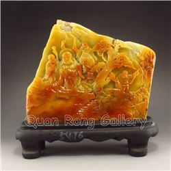 Superb Chinese Shoushan Stone Statue - Buddhist Buddha & Arhat Meeting Scene