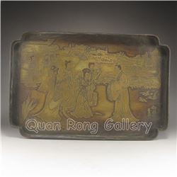 Vintage Chinese Bronze Plate w Palace Figures