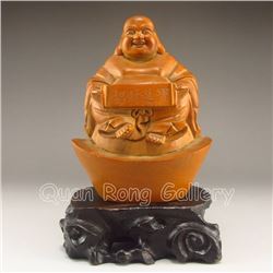 Chinese Boxwood Hard Wood Statue - Fortune Laughing Buddha