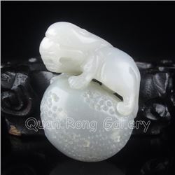 Chinese Hetian Jade Pendant - Lion & Ball