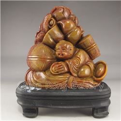 Chinese Shoushan Stone Statue w Fortune Kid